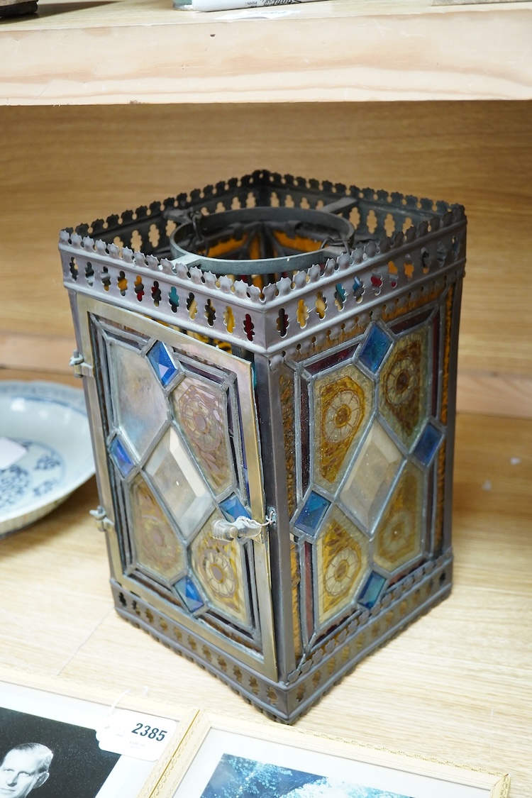 An early 20th century leaded glass hall lantern with pierced decoration, 34cm high
